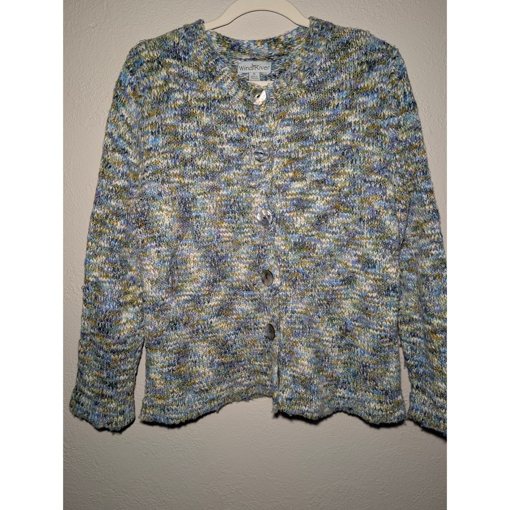 WindiRiver Cardigan Women Small Blue Green Space Dye Chunky Knit Excellent Shell